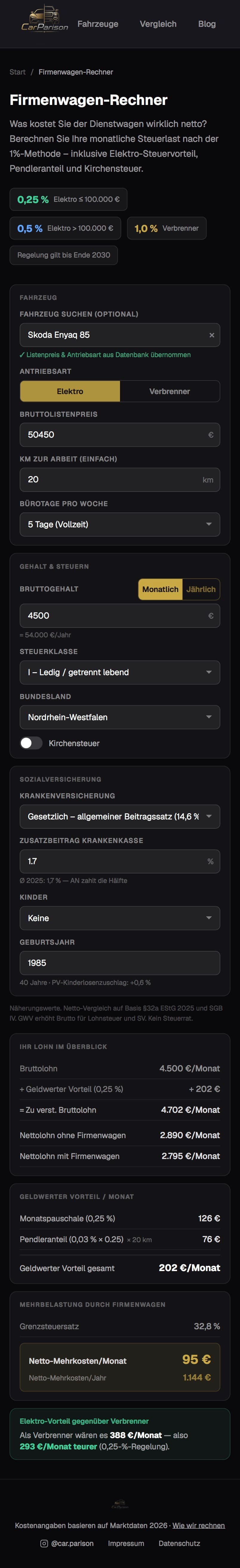 Firmenwagen-Rechner: Skoda Enyaq 85 als Elektroauto – 95 €/Monat Netto-Mehrbelastung
